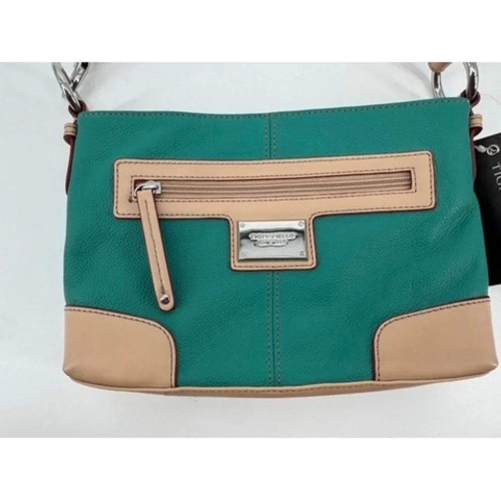Tignanello Crossbody Bag Women Small Teal Leather Tan Trim New With Tags